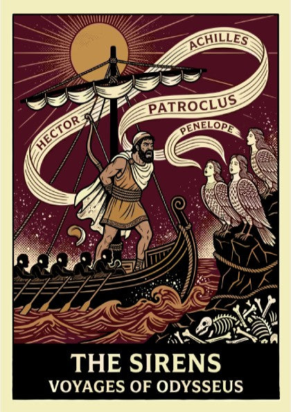 Odysseus and the Sirens Greek mythology poster, featuring Odysseus tied to a ship mast and Sirens on a cliff.