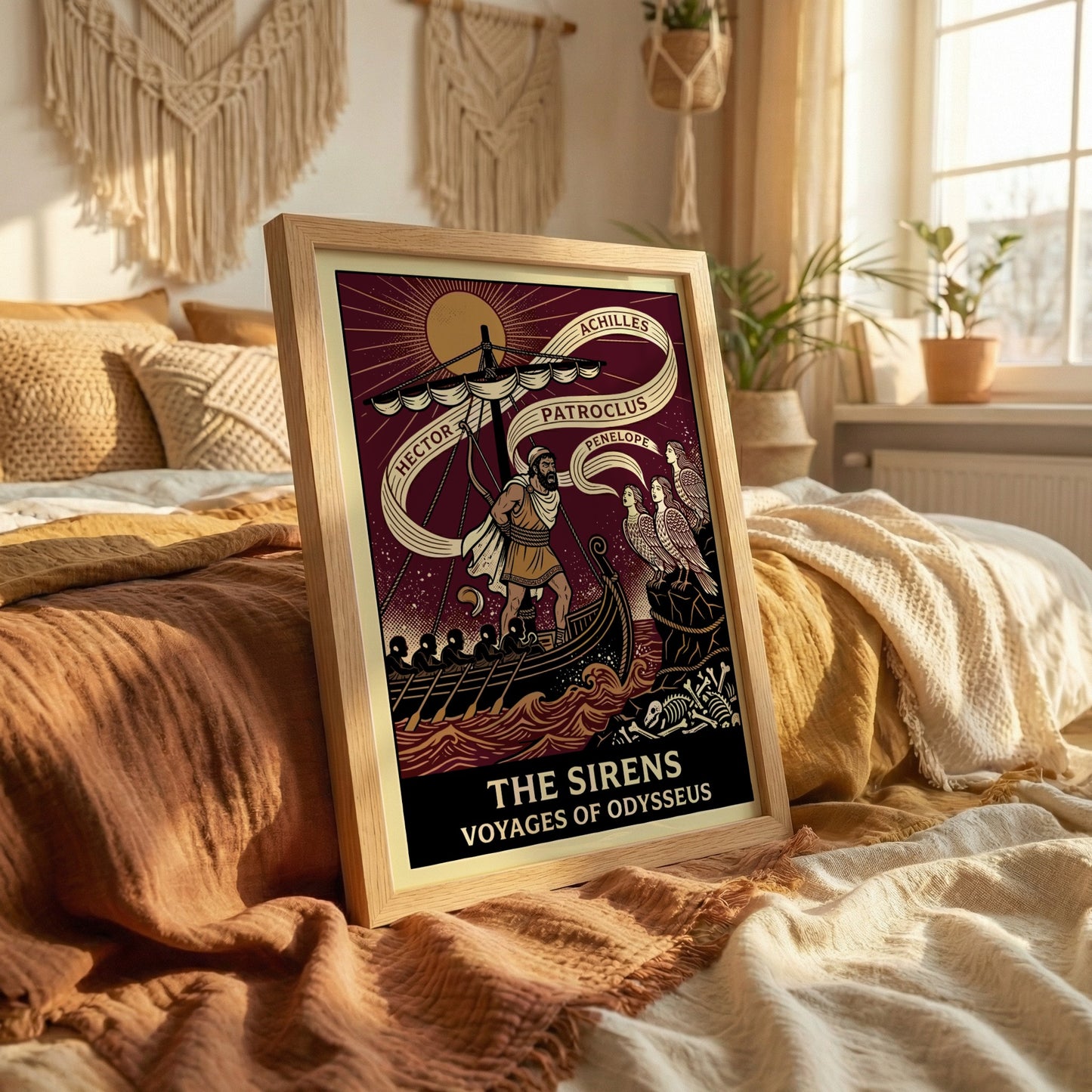 Odysseus and the Sirens Greek mythology poster, featuring Odysseus tied to a ship mast and Sirens on a cliff.
