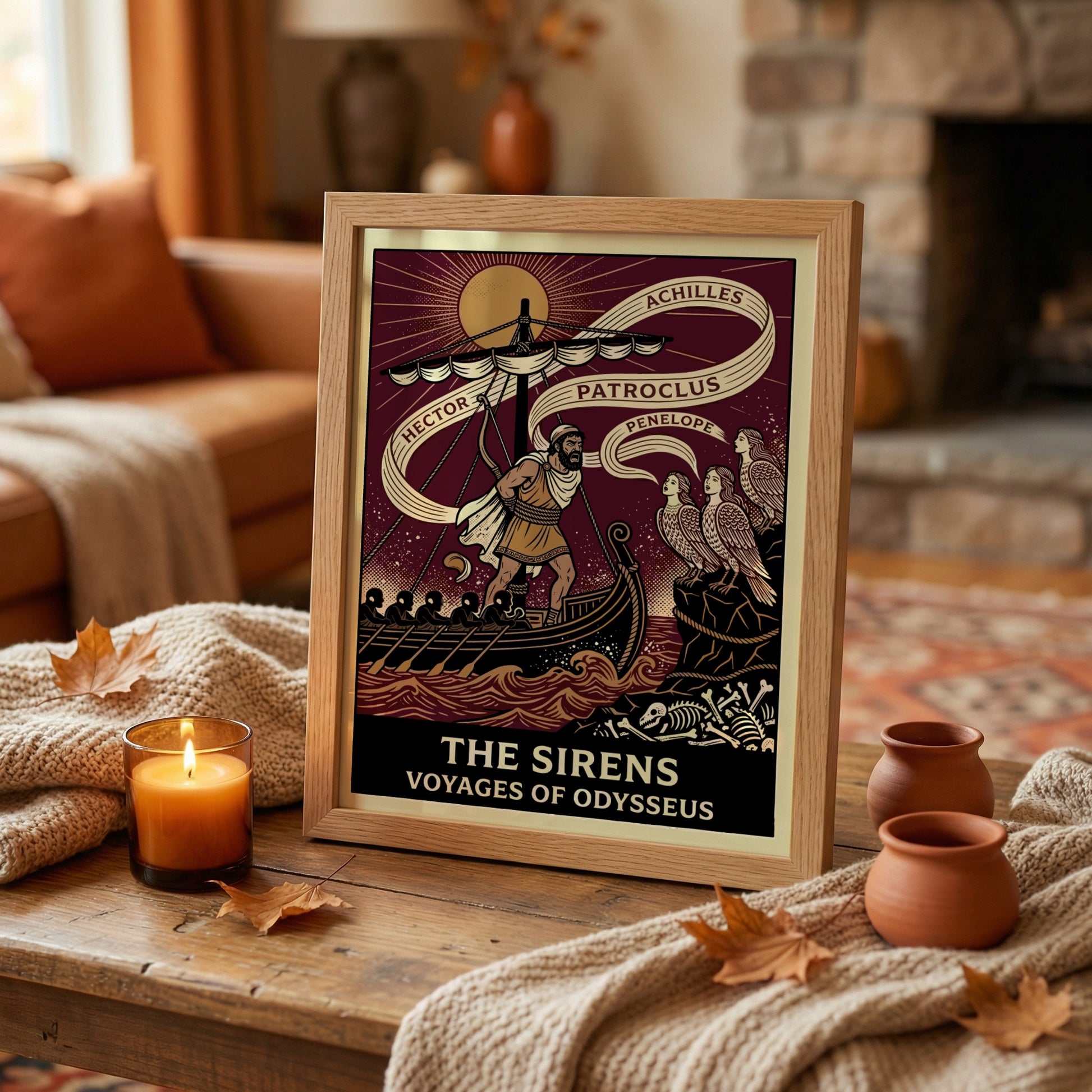 Odysseus and the Sirens Greek mythology poster, featuring Odysseus tied to a ship mast and Sirens on a cliff.