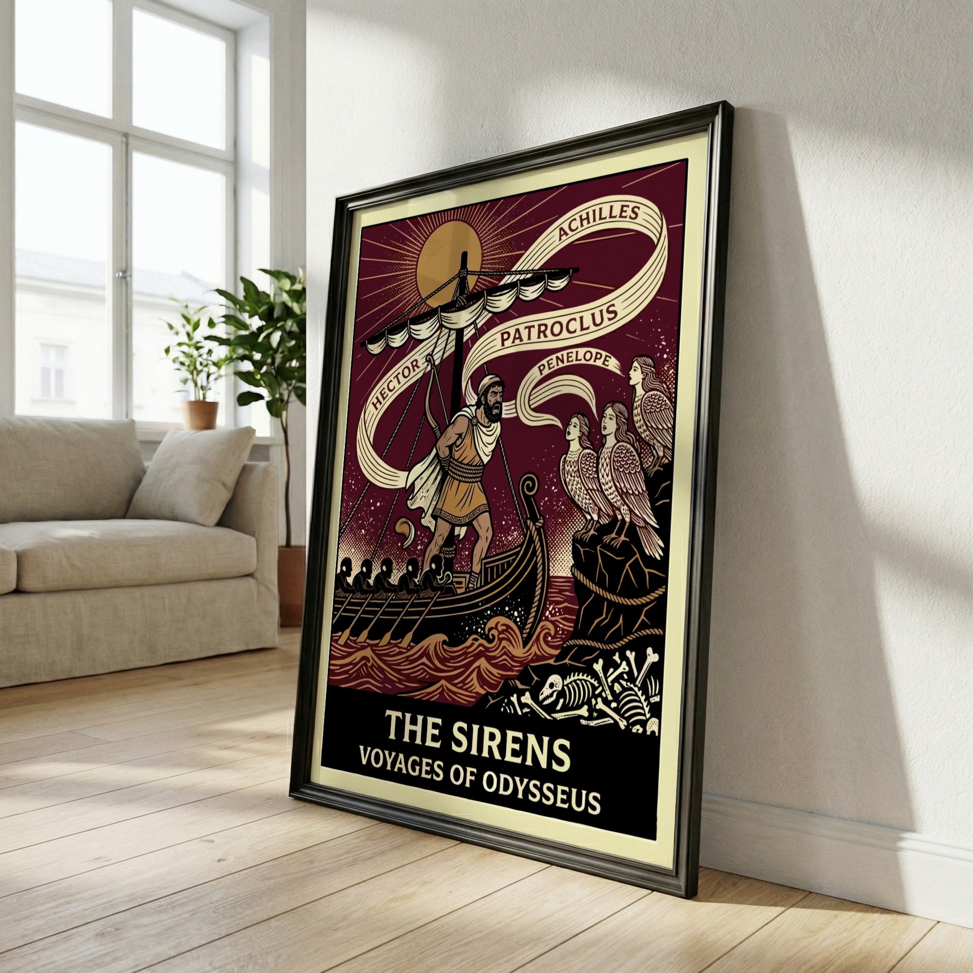 Odysseus and the Sirens Greek mythology poster, featuring Odysseus tied to a ship mast and Sirens on a cliff.