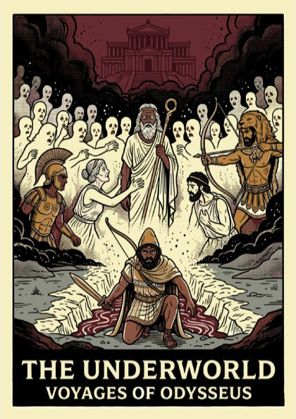 Odysseus in the Underworld poster, featuring spectral figures and Hades in a dramatic Greek mythology scene.