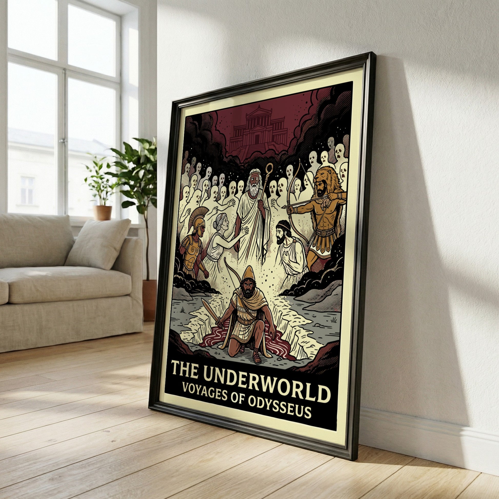 Odysseus in the Underworld poster, featuring spectral figures and Hades in a dramatic Greek mythology scene.