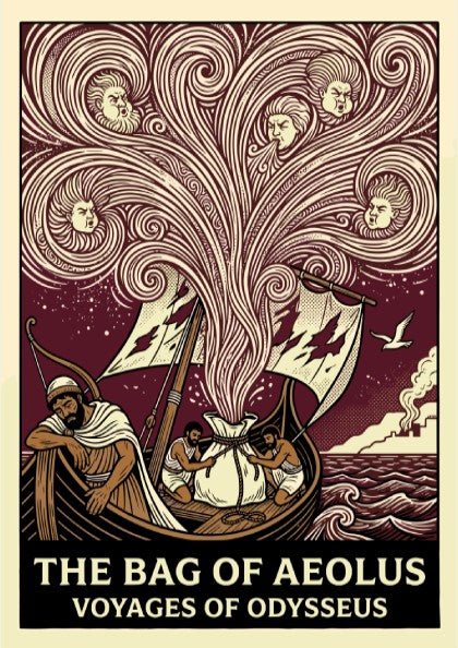 The Bag of Aeolus Greek mythology poster featuring Aeolus's winds and Odysseus's ship in a vintage style.