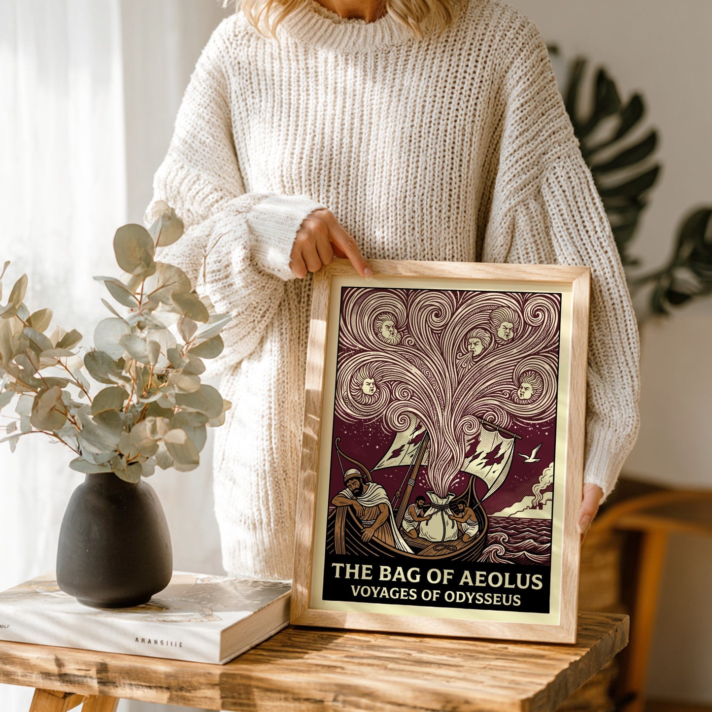 The Bag of Aeolus Greek mythology poster featuring Aeolus's winds and Odysseus's ship in a vintage style.