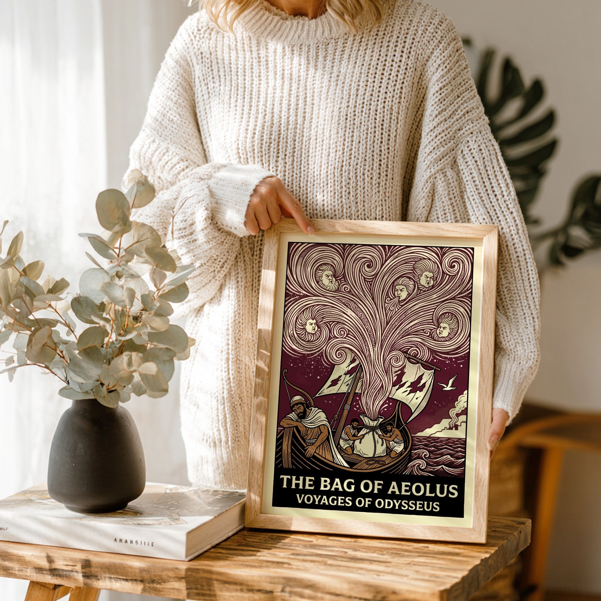 The Bag of Aeolus Greek mythology poster featuring Aeolus's winds and Odysseus's ship in a vintage style.