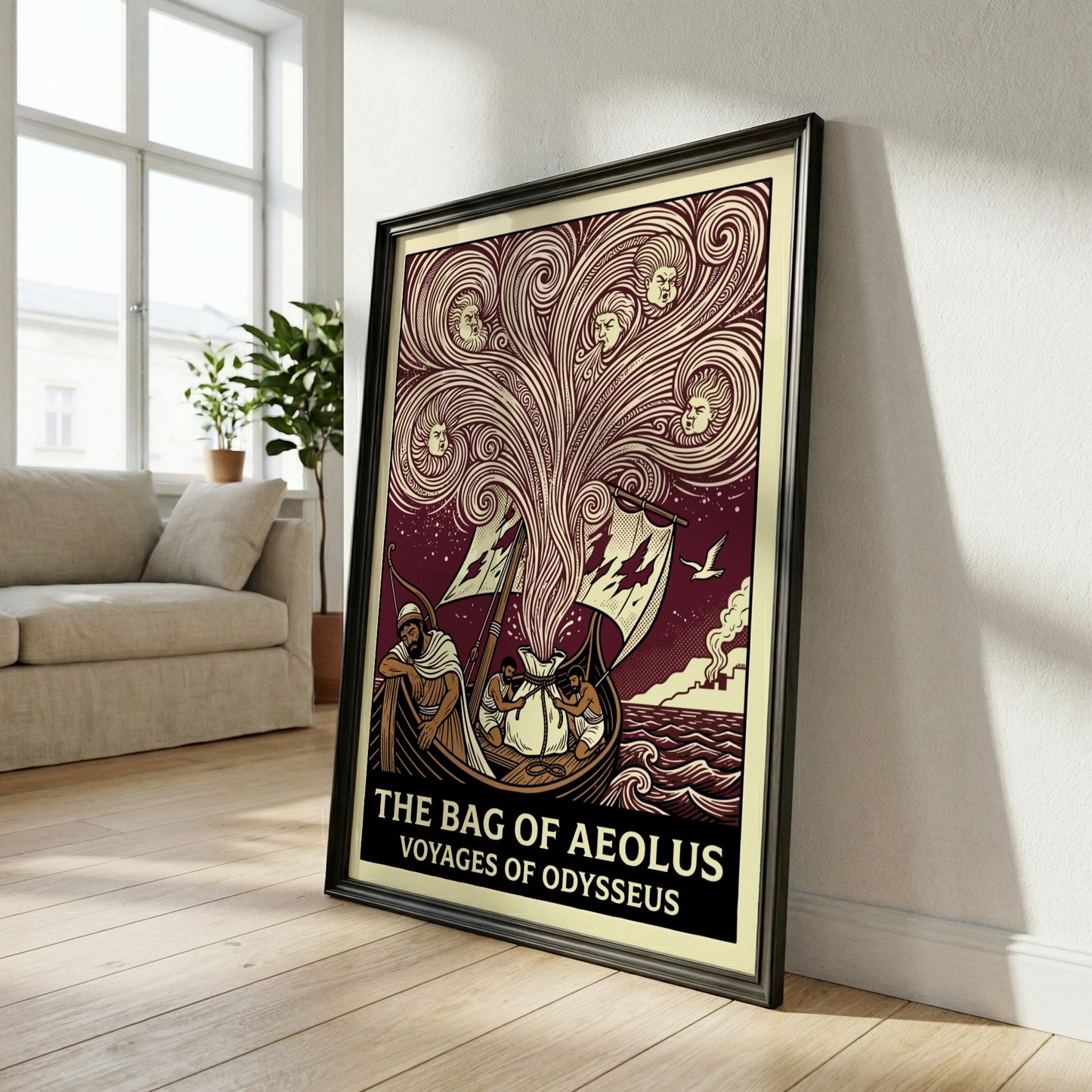 The Bag of Aeolus Greek mythology poster featuring Aeolus's winds and Odysseus's ship in a vintage style.
