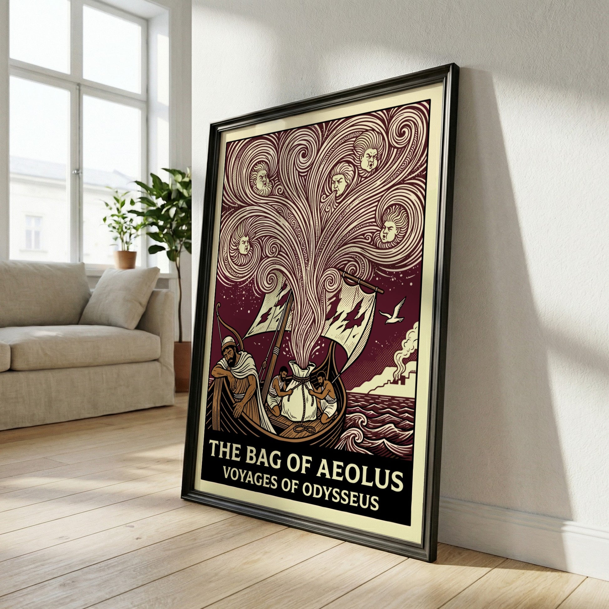 The Bag of Aeolus Greek mythology poster featuring Aeolus's winds and Odysseus's ship in a vintage style.