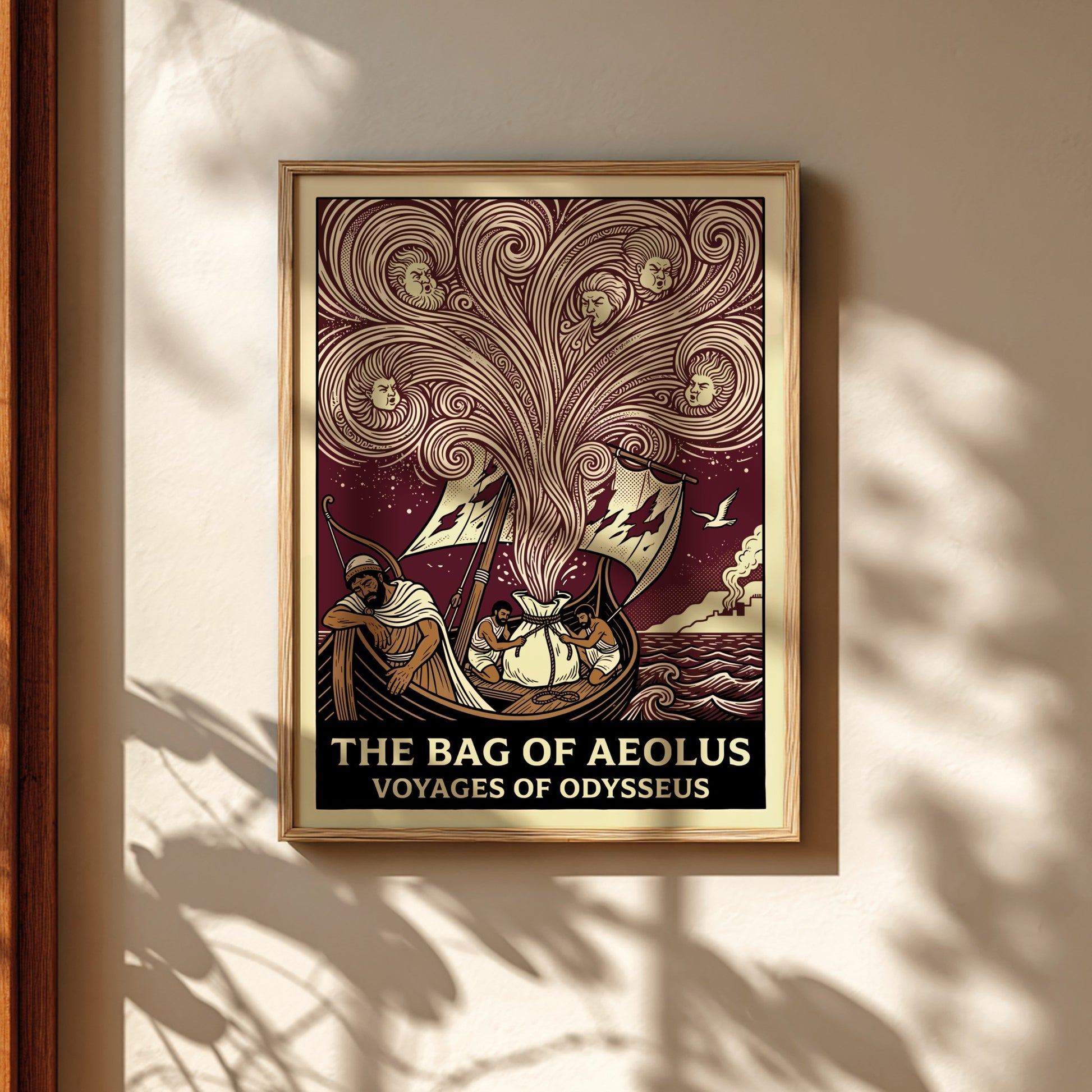 The Bag of Aeolus Greek mythology poster featuring Aeolus's winds and Odysseus's ship in a vintage style.