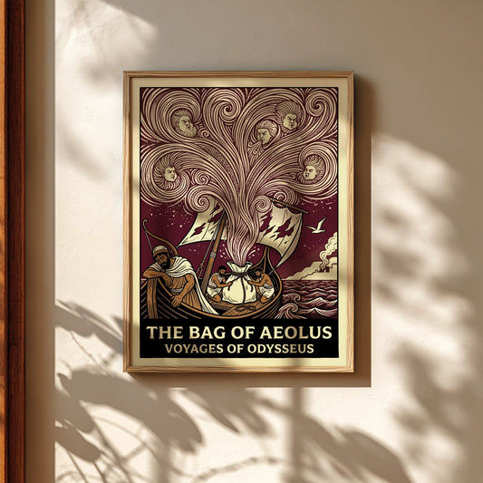 The Bag of Aeolus Greek mythology poster featuring Aeolus's winds and Odysseus's ship in a vintage style.