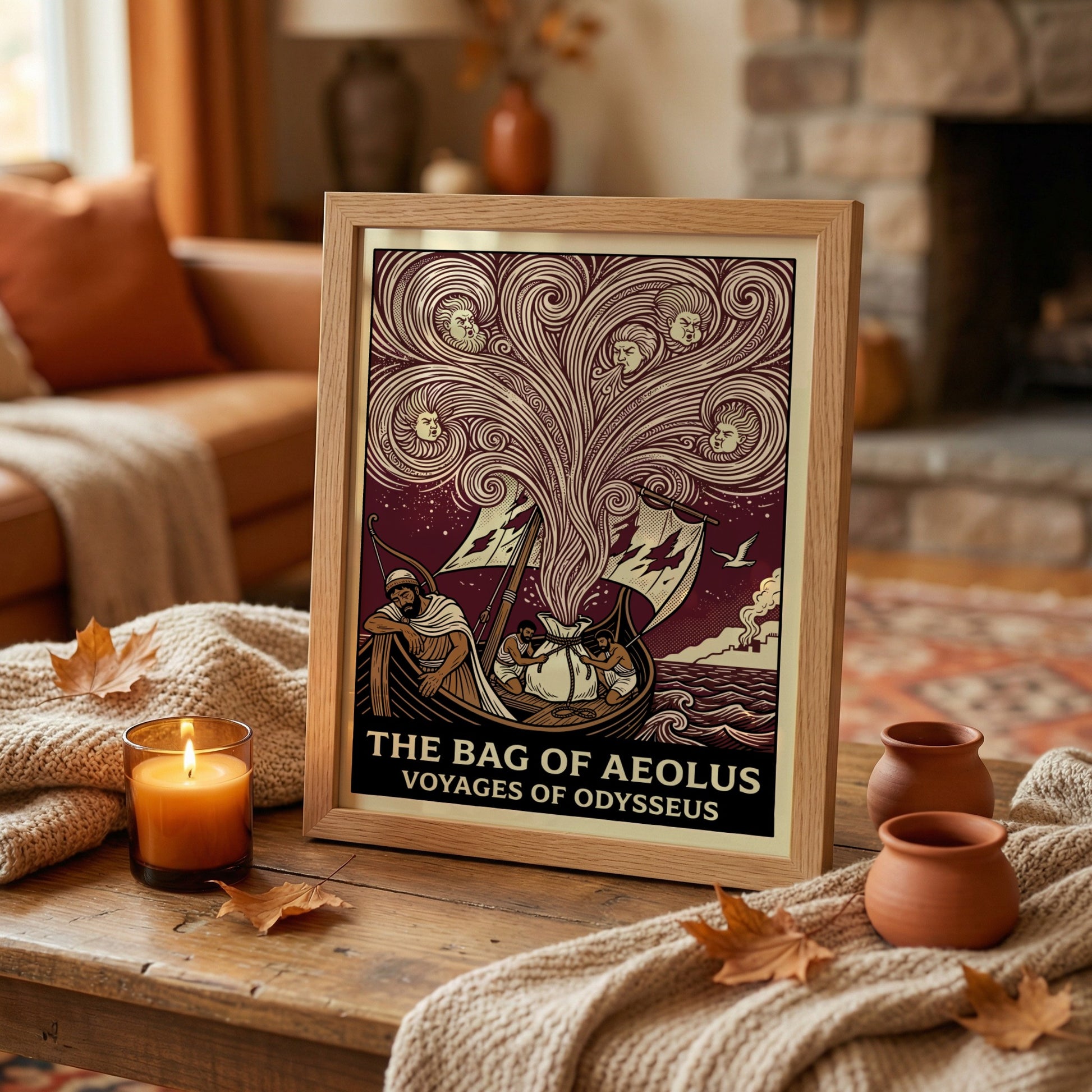 The Bag of Aeolus Greek mythology poster featuring Aeolus's winds and Odysseus's ship in a vintage style.