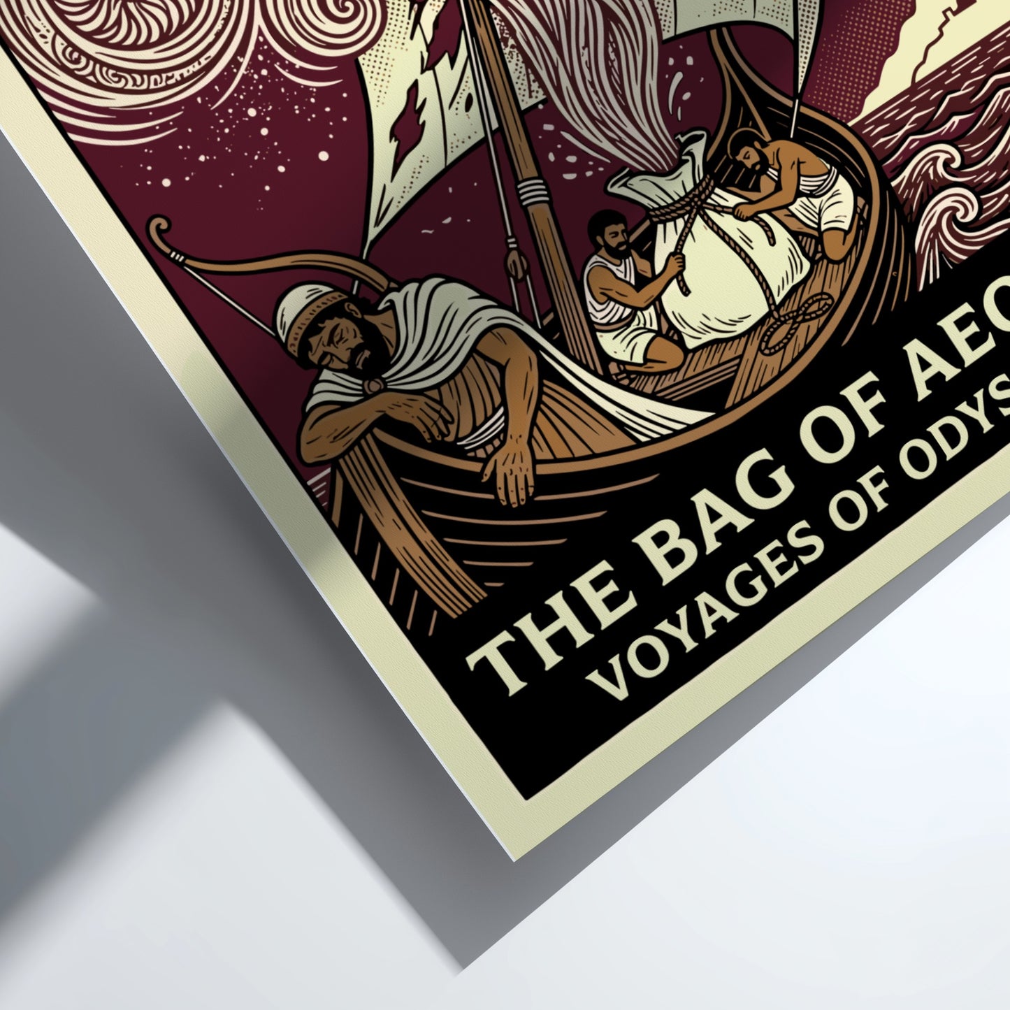 The Bag of Aeolus Greek mythology poster featuring Aeolus's winds and Odysseus's ship in a vintage style.