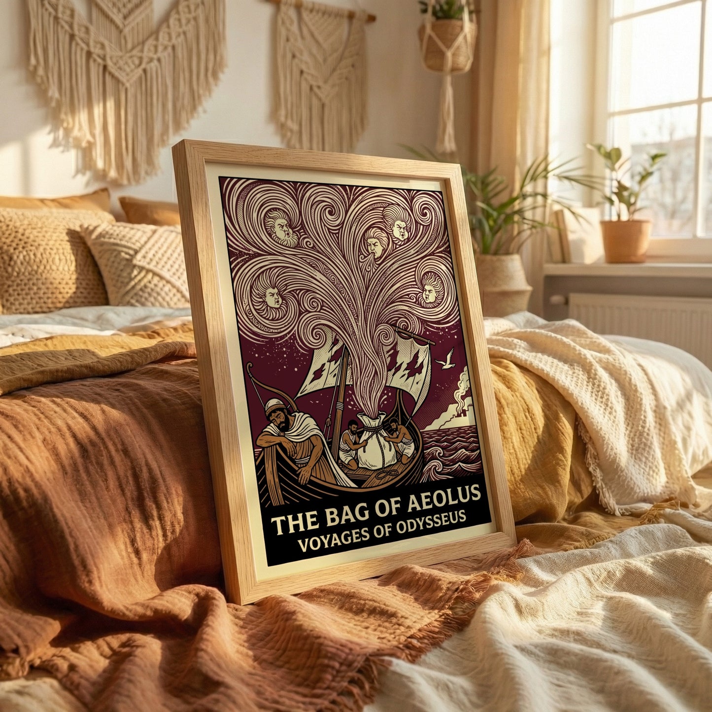 The Bag of Aeolus Greek mythology poster featuring Aeolus's winds and Odysseus's ship in a vintage style.