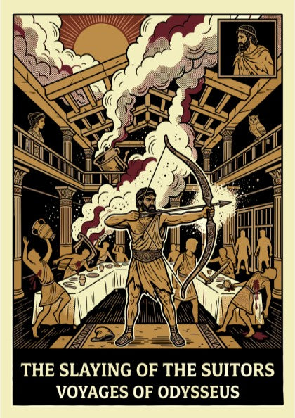 Odysseus Slaying Suitors Greek Mythology Poster in a graphic art style with warm colors.