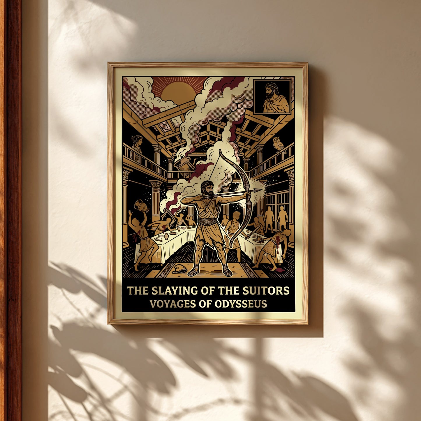 Odysseus Slaying Suitors Greek Mythology Poster in a graphic art style with warm colors.