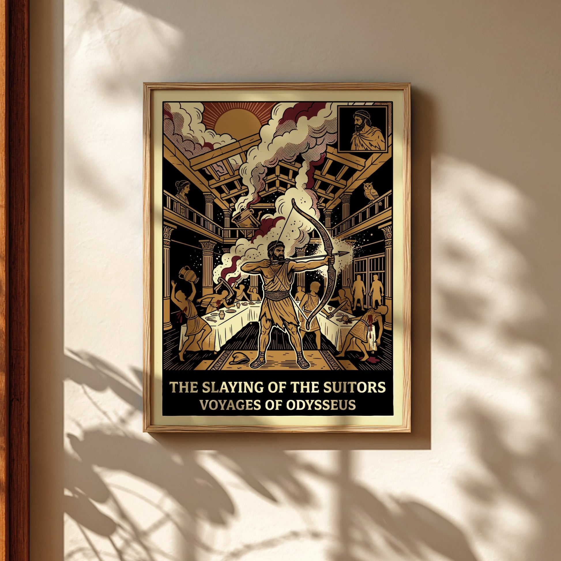 Odysseus Slaying Suitors Greek Mythology Poster in a graphic art style with warm colors.
