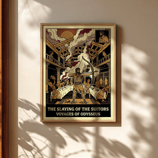 Odysseus Slaying Suitors Greek Mythology Poster in a graphic art style with warm colors.