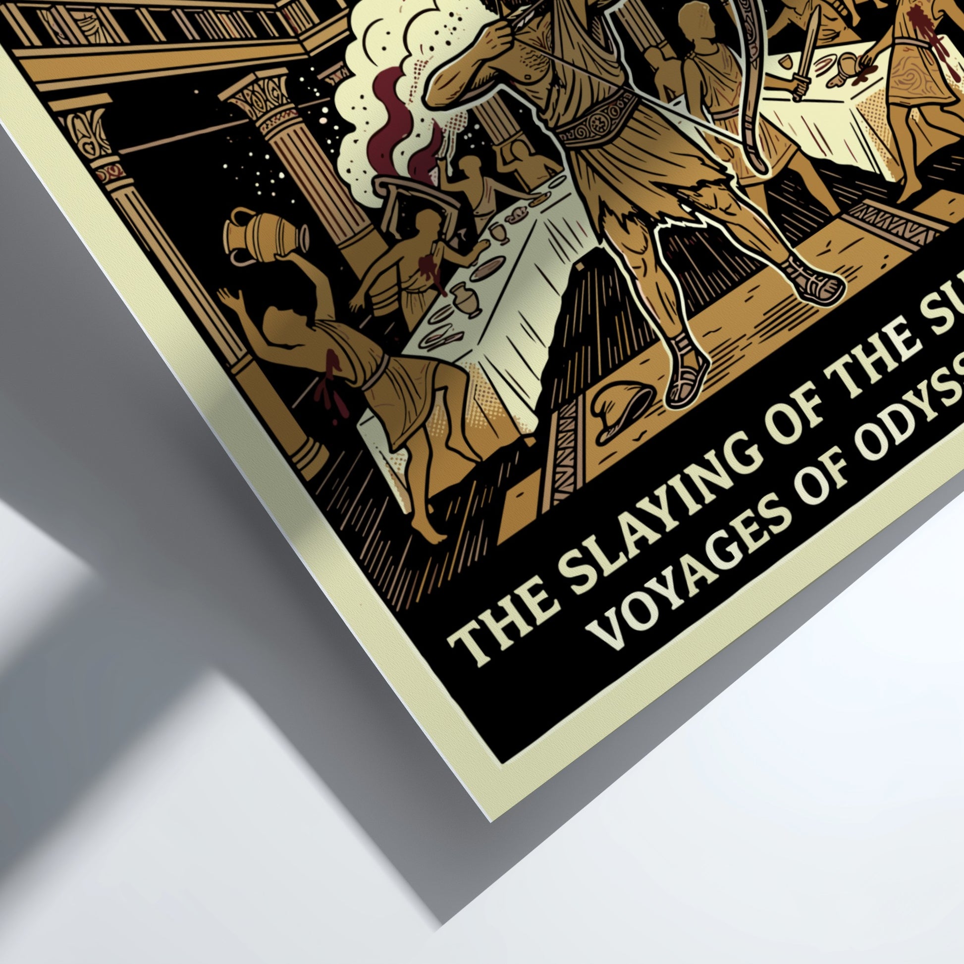 Odysseus Slaying Suitors Greek Mythology Poster in a graphic art style with warm colors.