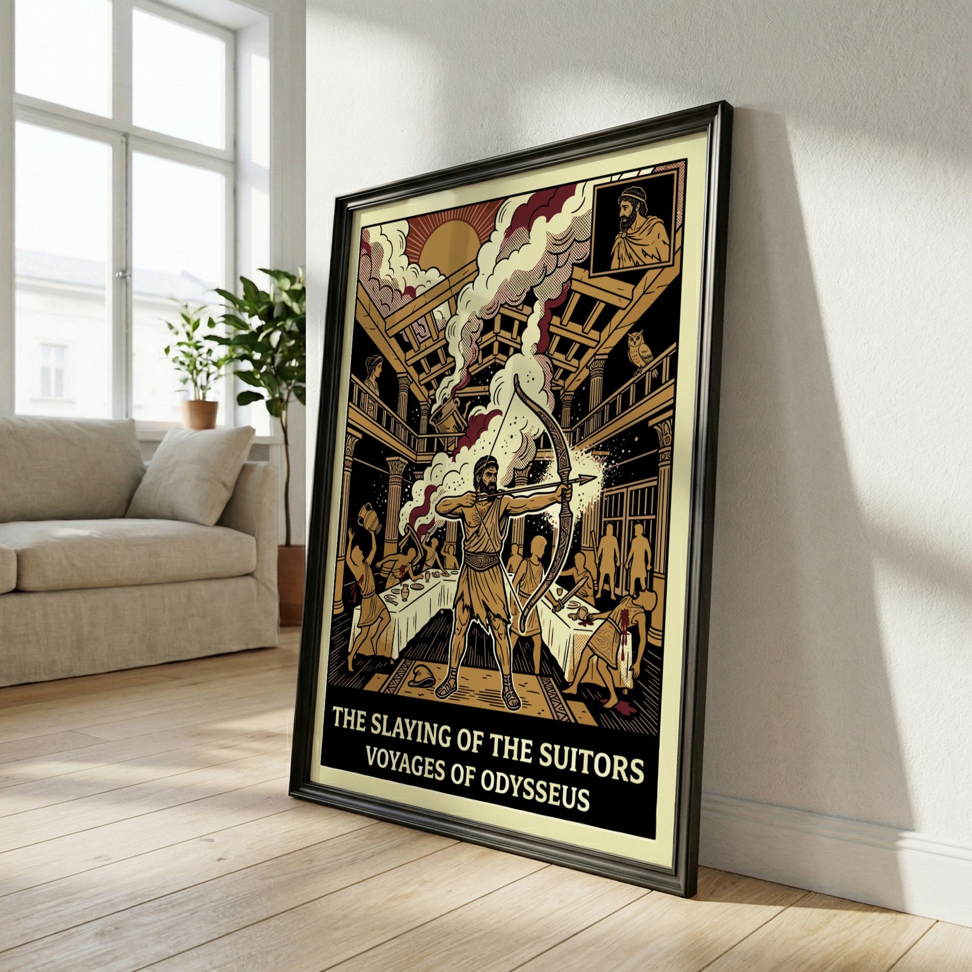Odysseus Slaying Suitors Greek Mythology Poster in a graphic art style with warm colors.