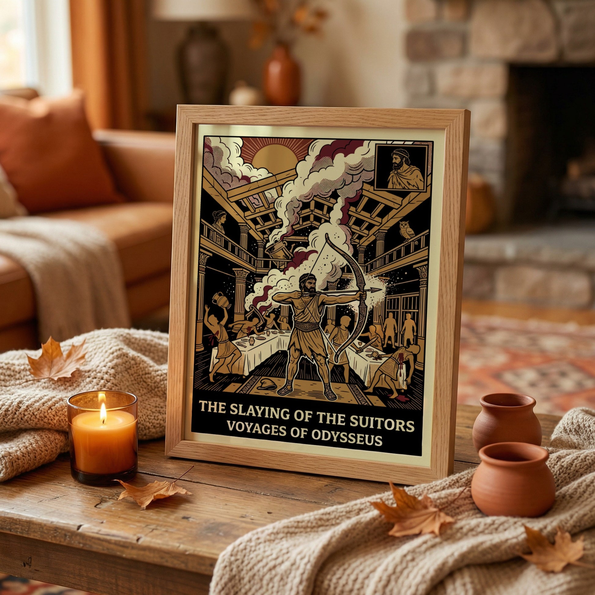 Odysseus Slaying Suitors Greek Mythology Poster in a graphic art style with warm colors.