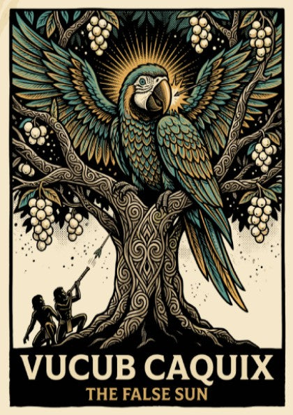 Poster featuring Vucub Caquix the macaw deity in a detailed ancient Mayan tree illustration.