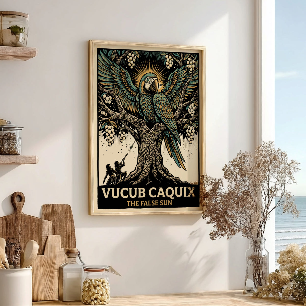 Poster featuring Vucub Caquix the macaw deity in a detailed ancient Mayan tree illustration.