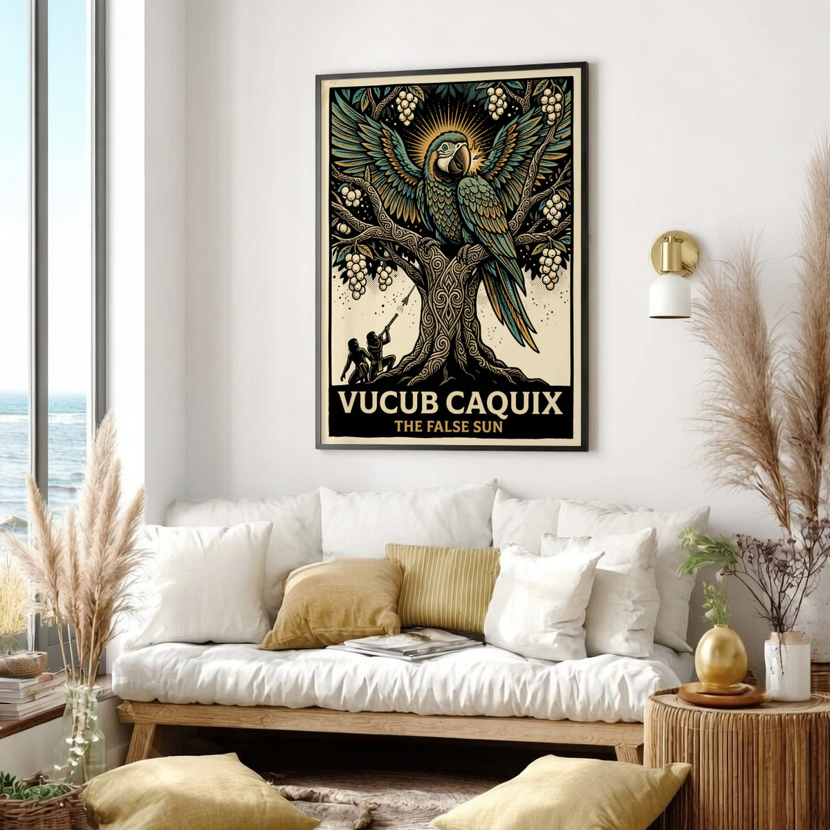 Poster featuring Vucub Caquix the macaw deity in a detailed ancient Mayan tree illustration.