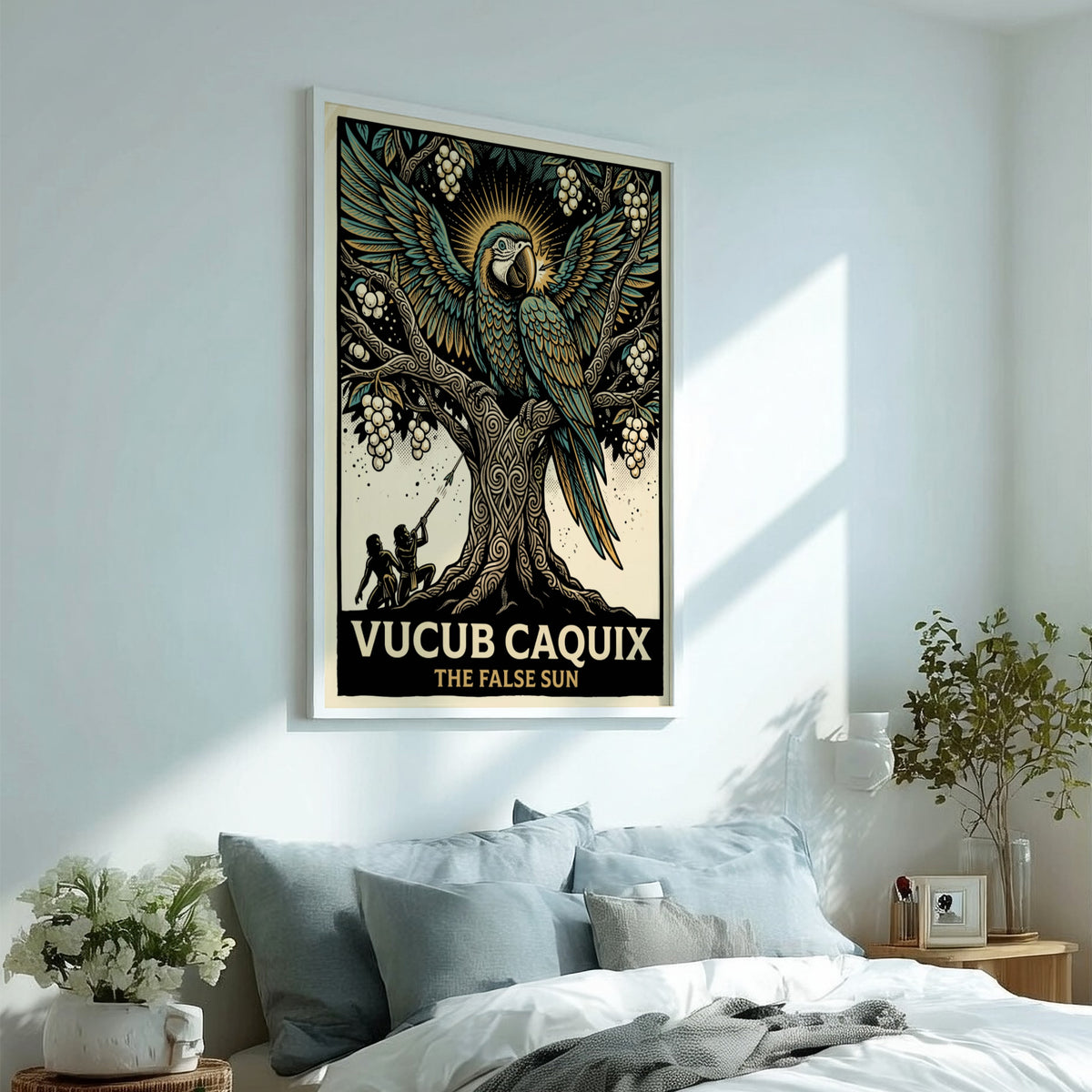 Poster featuring Vucub Caquix the macaw deity in a detailed ancient Mayan tree illustration.