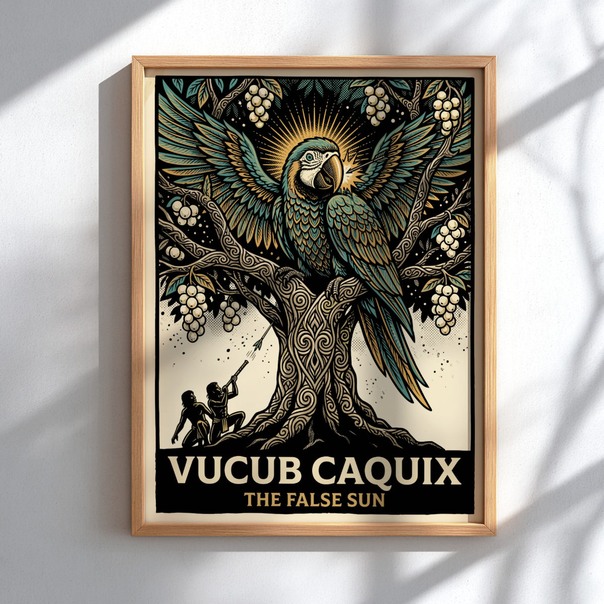 Poster featuring Vucub Caquix the macaw deity in a detailed ancient Mayan tree illustration.