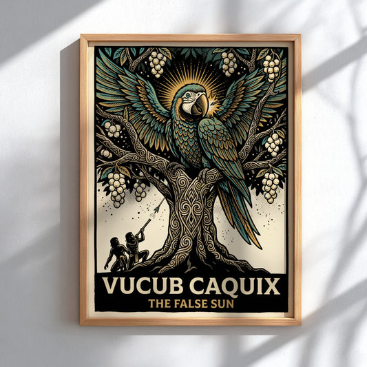 Poster featuring Vucub Caquix the macaw deity in a detailed ancient Mayan tree illustration.