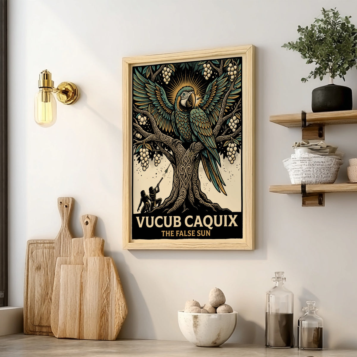 Poster featuring Vucub Caquix the macaw deity in a detailed ancient Mayan tree illustration.