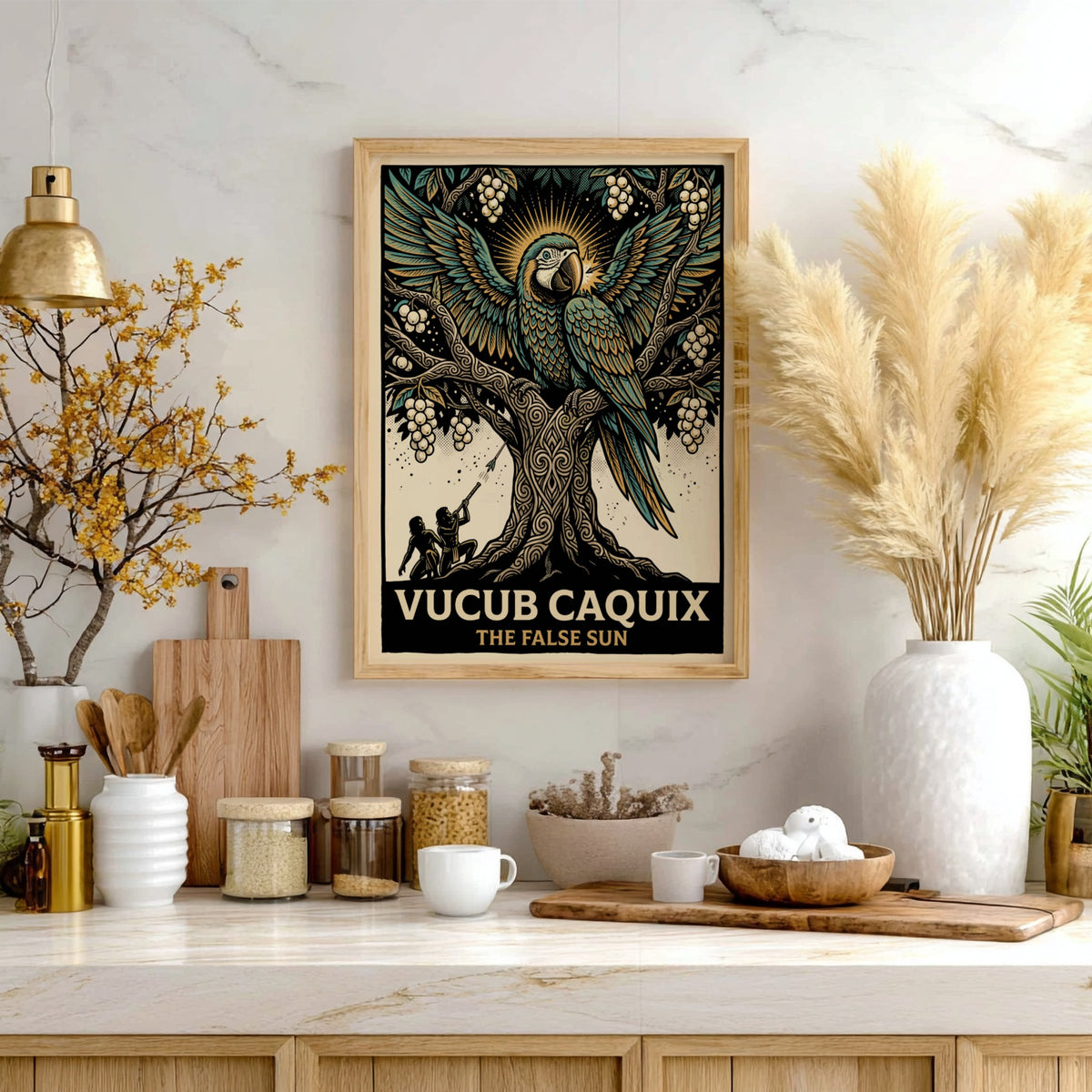 Poster featuring Vucub Caquix the macaw deity in a detailed ancient Mayan tree illustration.
