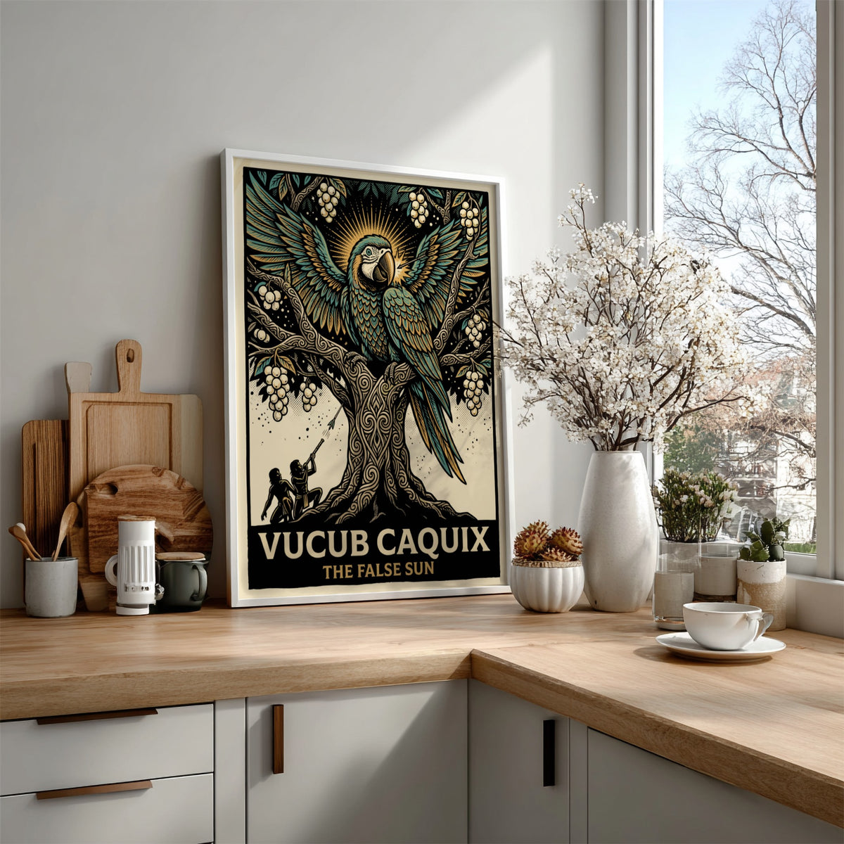 Poster featuring Vucub Caquix the macaw deity in a detailed ancient Mayan tree illustration.