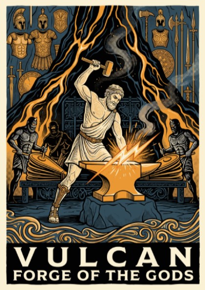 Poster featuring Vulcan forging at an anvil with mythical assistants in ochre blue