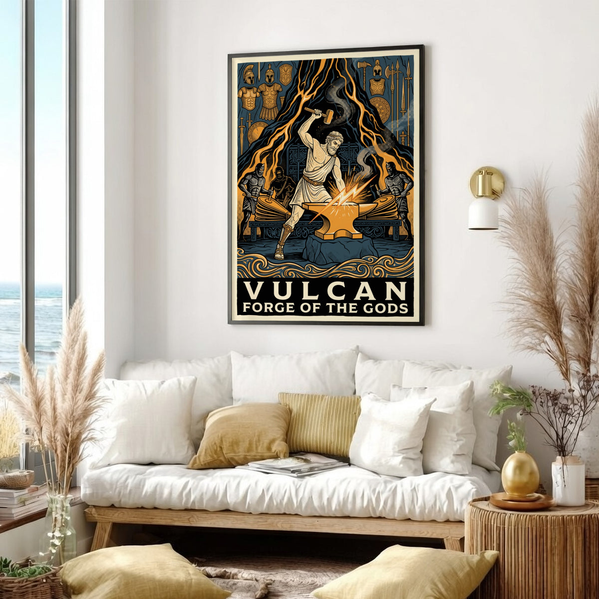 Poster featuring Vulcan forging at an anvil with mythical assistants in ochre blue