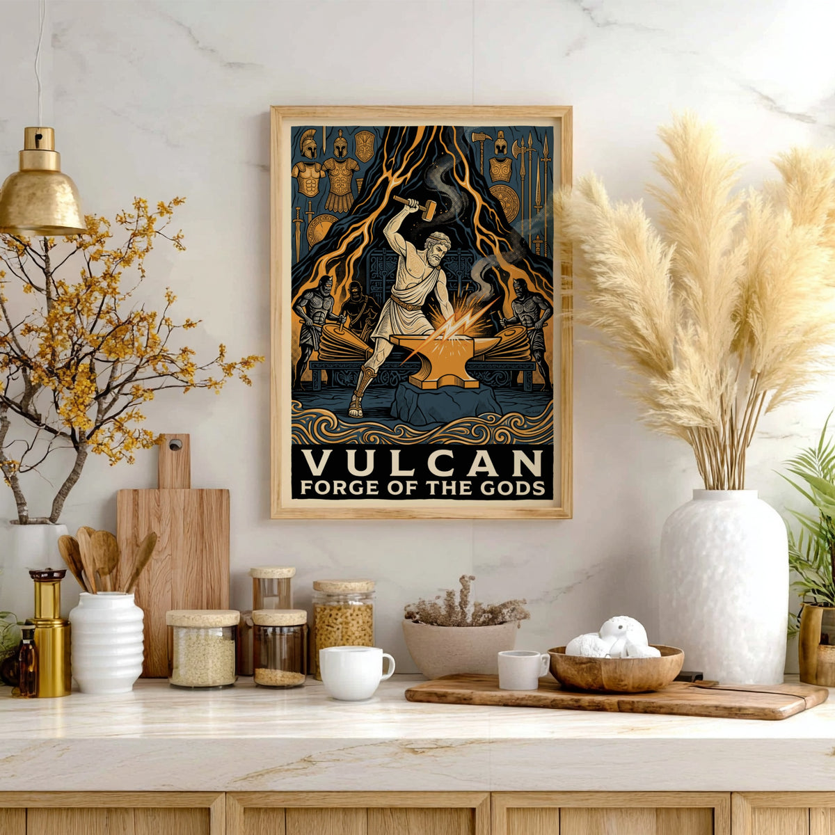 Poster featuring Vulcan forging at an anvil with mythical assistants in ochre blue
