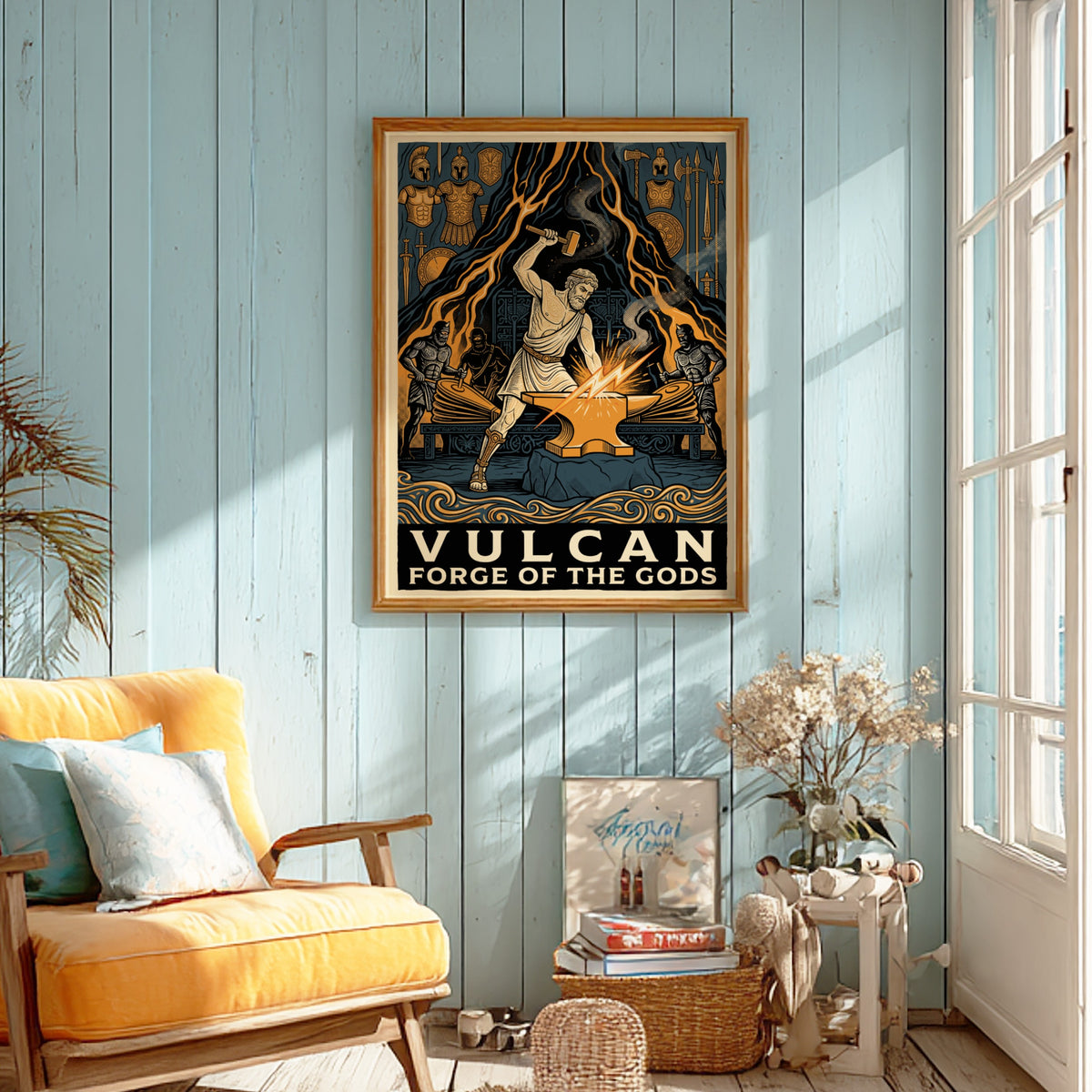 Poster featuring Vulcan forging at an anvil with mythical assistants in ochre blue