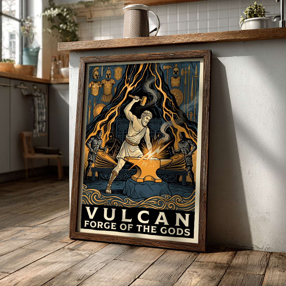 Poster featuring Vulcan forging at an anvil with mythical assistants in ochre blue