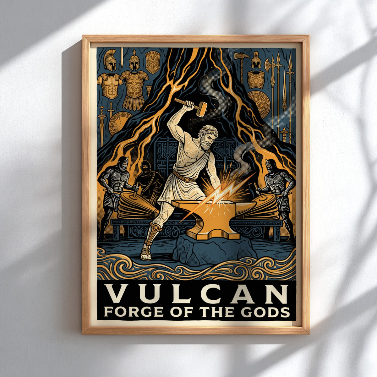 Poster featuring Vulcan forging at an anvil with mythical assistants in ochre blue