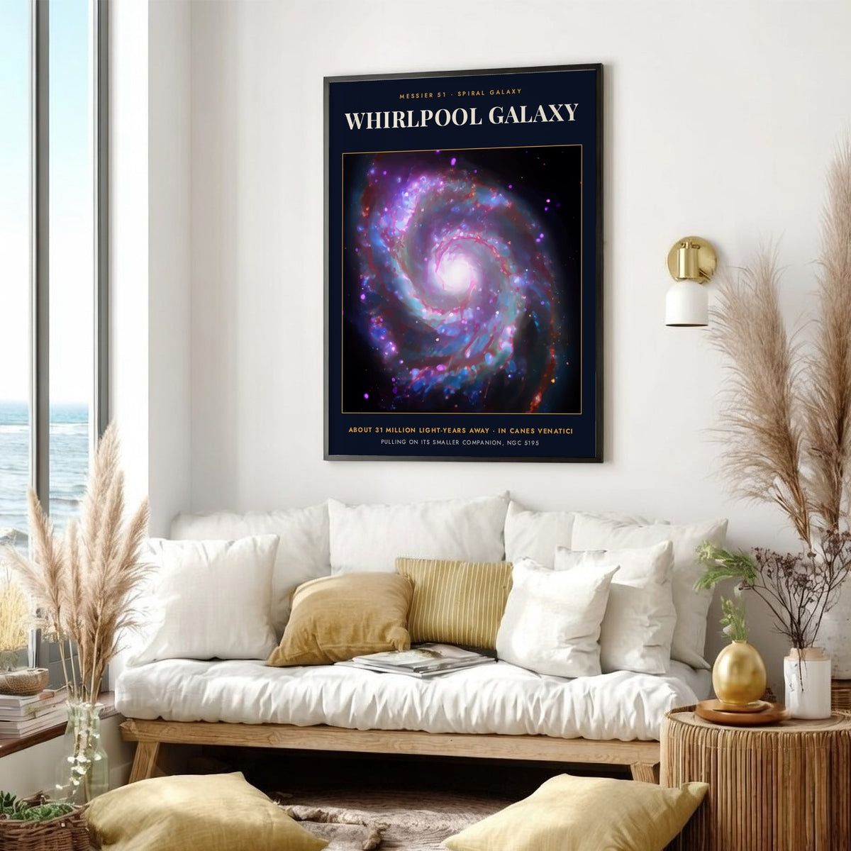 Poster of the Whirlpool Galaxy featuring violet and blue spiral arms against deep black space.