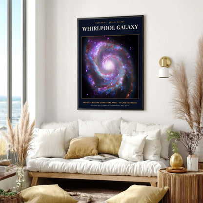 Poster of the Whirlpool Galaxy featuring violet and blue spiral arms against deep black space.