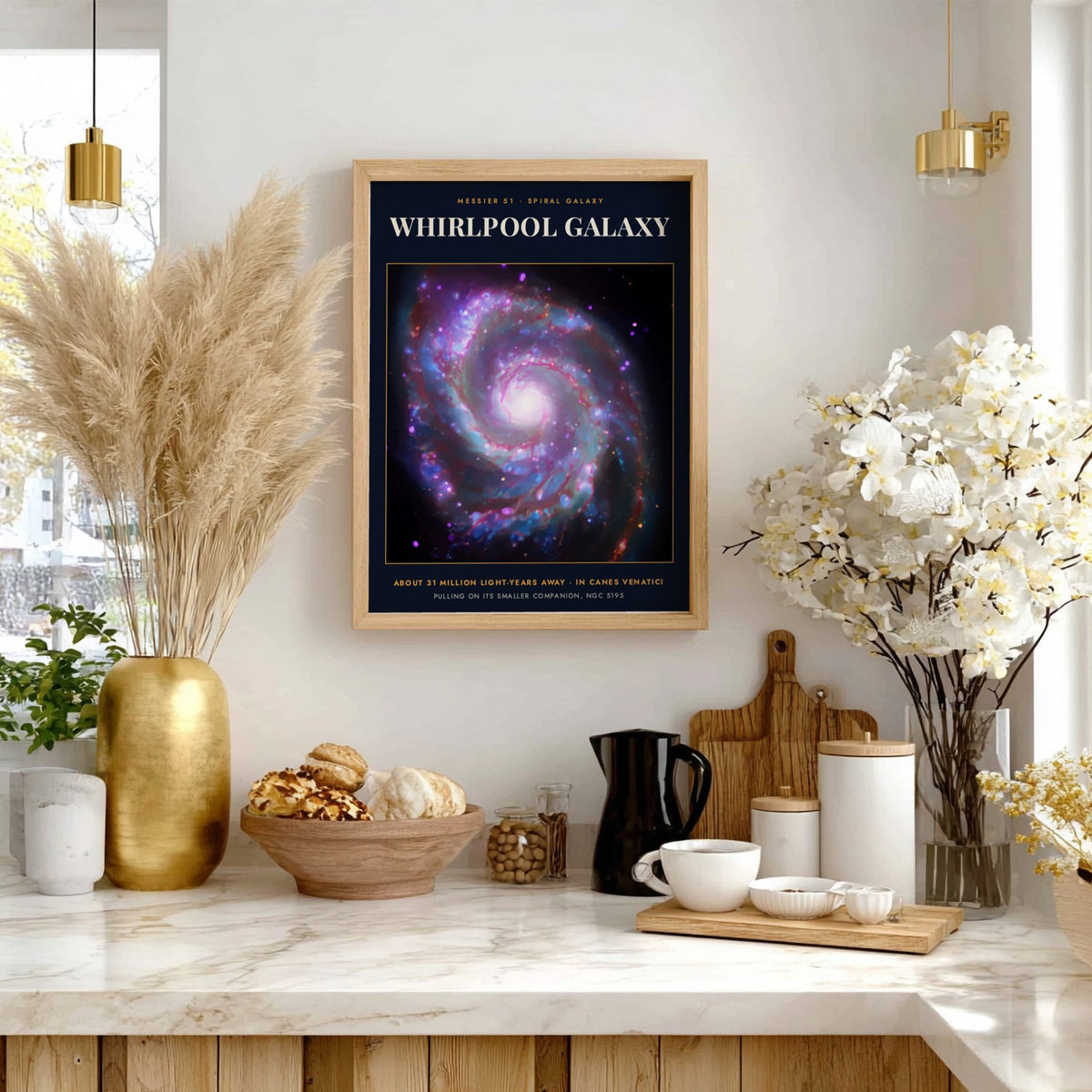 Poster of the Whirlpool Galaxy featuring violet and blue spiral arms against deep black space.