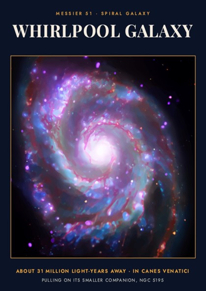 Poster of the Whirlpool Galaxy featuring violet and blue spiral arms against deep black space.