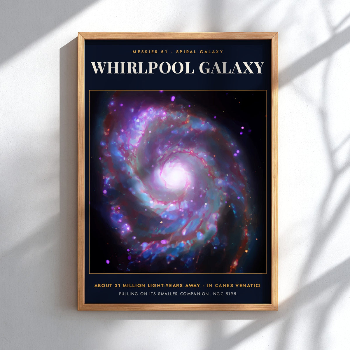 Poster of the Whirlpool Galaxy featuring violet and blue spiral arms against deep black space.