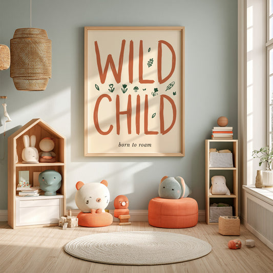Wild Child poster featuring nature-inspired design with earthy tones and whimsical flowers, perfect for kids'