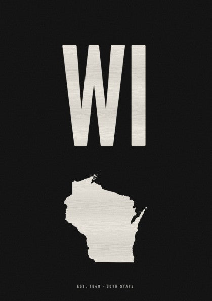 Wisconsin poster featuring state abbreviation and silhouette in minimalist style