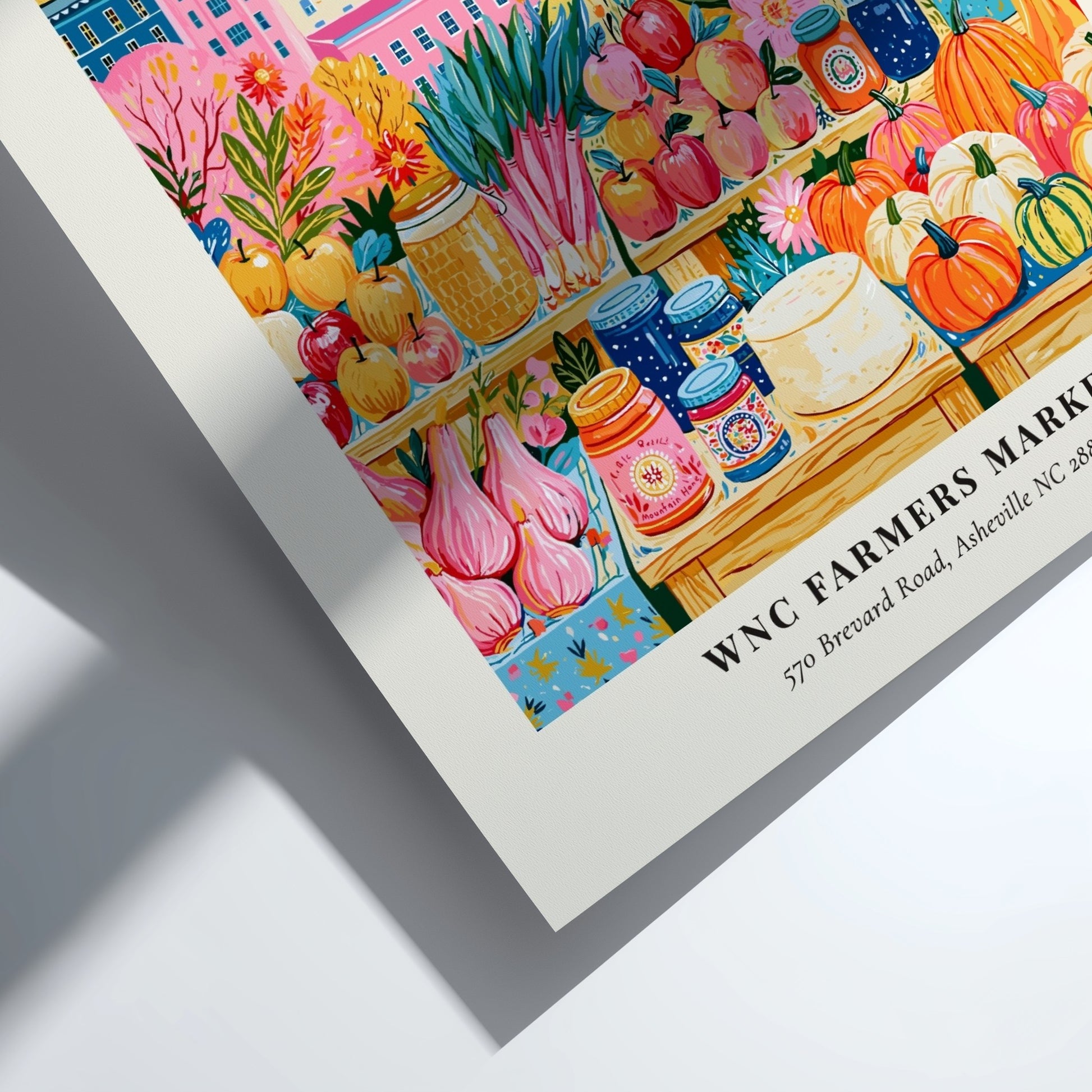 WNC Farmers Market poster featuring colorful produce and flowers, vibrant Asheville landscape, whimsical style
