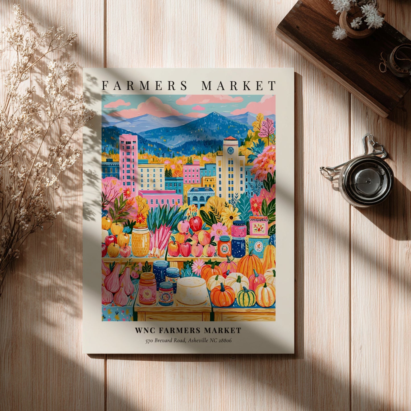 WNC Farmers Market poster featuring colorful produce and flowers, vibrant Asheville landscape, whimsical style
