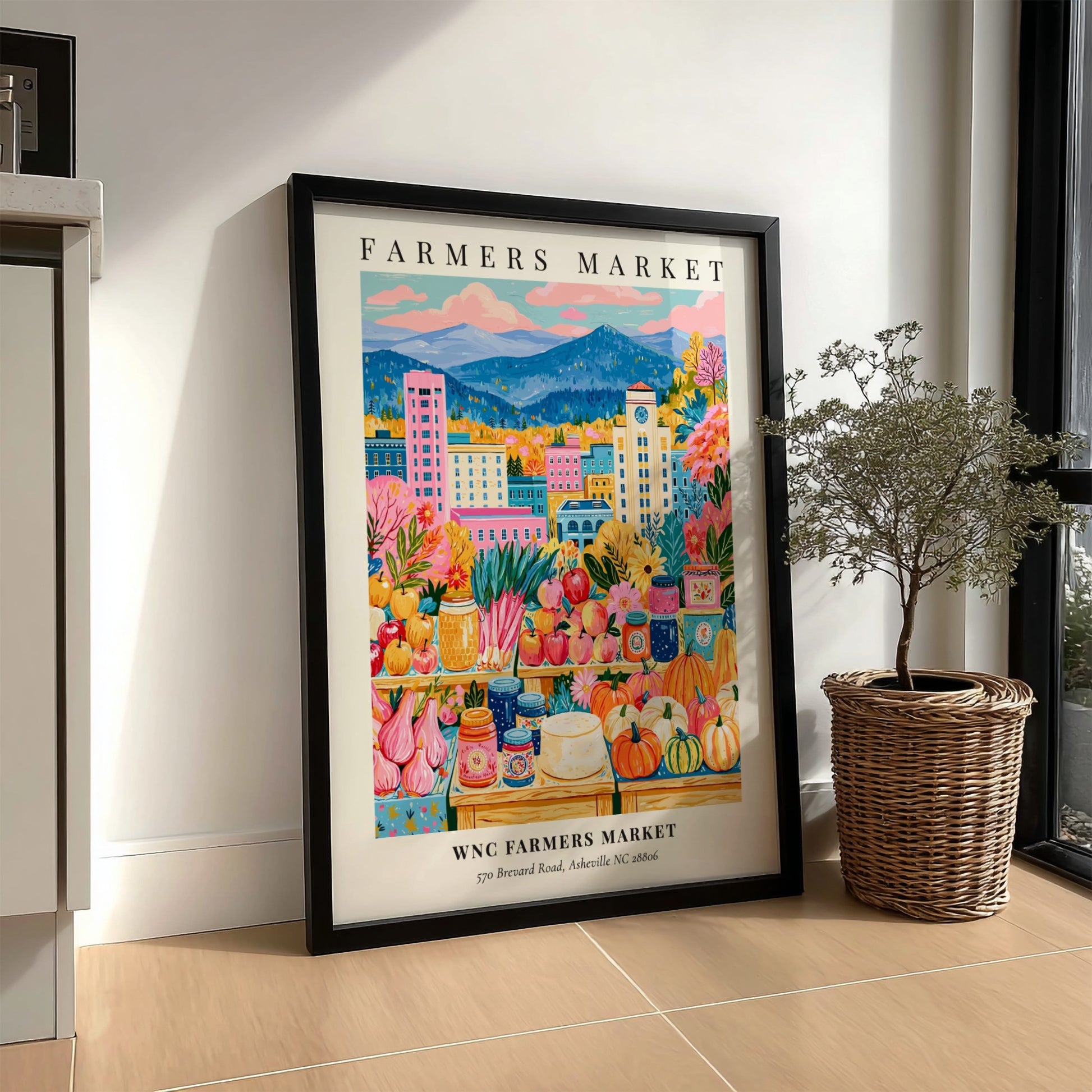 WNC Farmers Market poster featuring colorful produce and flowers, vibrant Asheville landscape, whimsical style