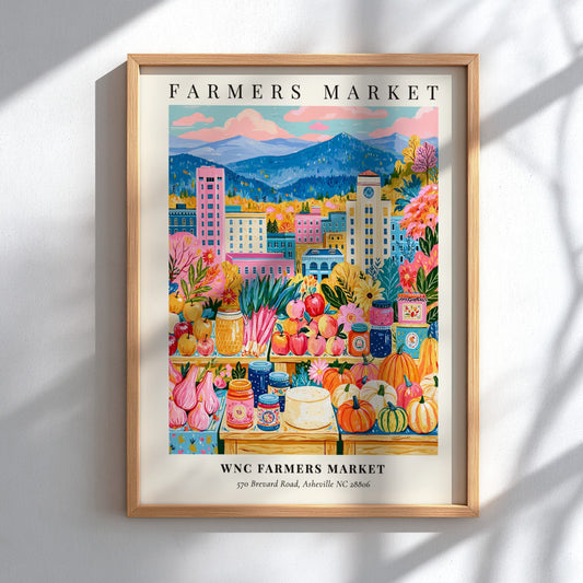 WNC Farmers Market poster featuring colorful produce and flowers, vibrant Asheville landscape, whimsical style