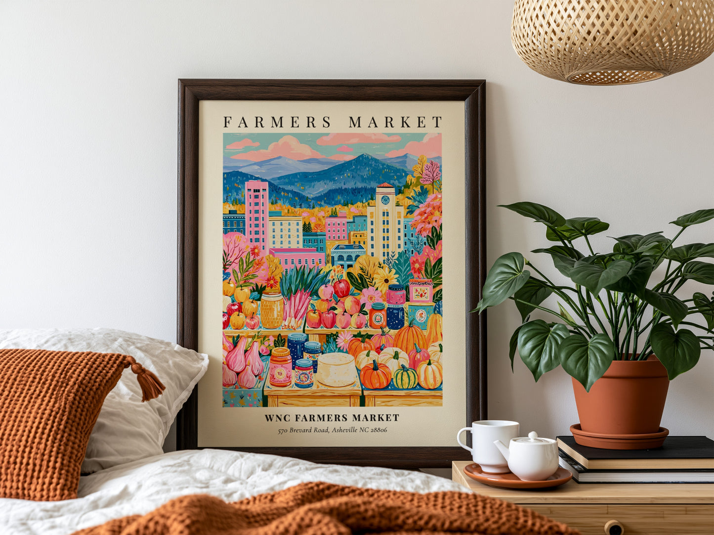 WNC Farmers Market poster featuring colorful produce and flowers, vibrant Asheville landscape, whimsical style